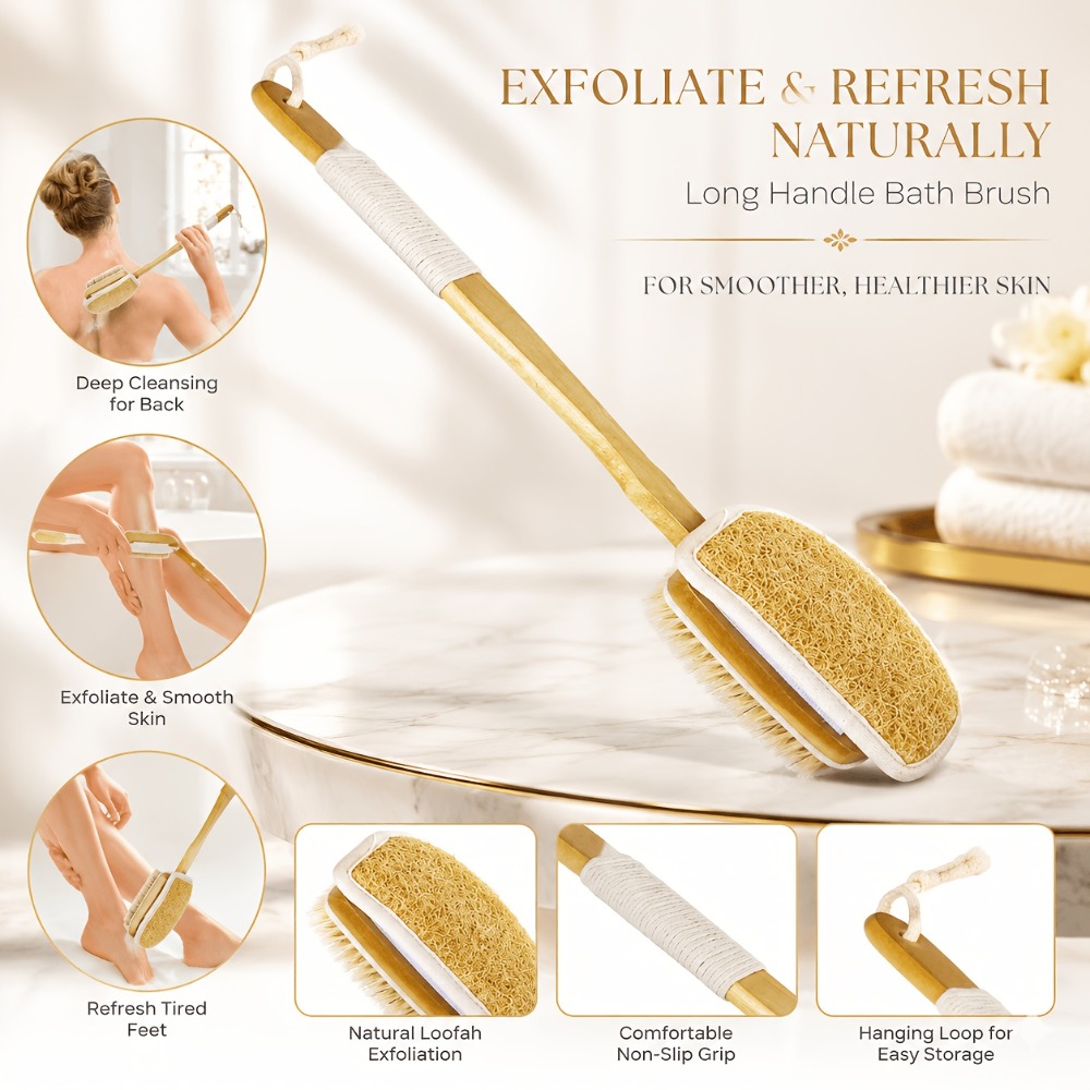 Body Loofah Natural - Holz-Badebürste mit langem Griff, natürlicher Luffa,
